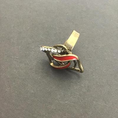 Sale Photo Thumbnail #165: Gold tone with red enamel and clear rhinestones ring
Please see attached photos