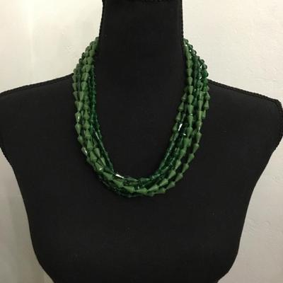 Beautiful, vintage, faux, green glass, multi strand statement necklace with beautiful clasp