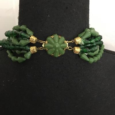 Beautiful, vintage, faux, green glass, multi strand statement necklace with beautiful clasp