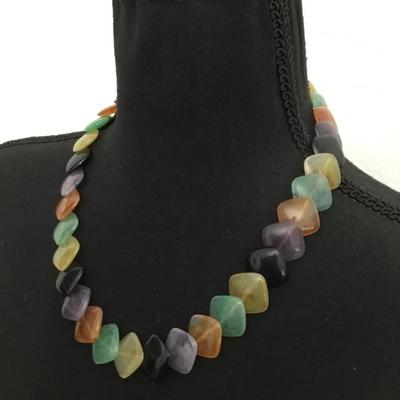 Vintage Lucite type square, multicolored bead necklace