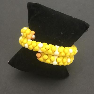 Very cute, handmade Kandi cuff bracelet, yellow and white pony beads