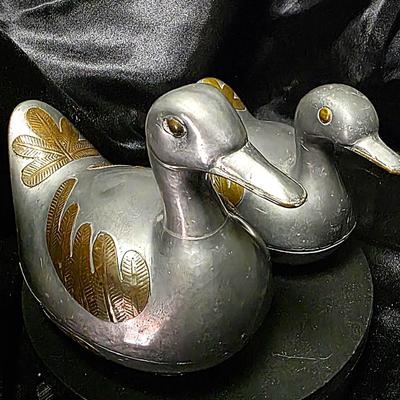 Vintage Pewter & Brass Duck Trinket Boxes — Mid-Century Hong Kong Collectible Pair