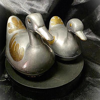 Vintage Pewter & Brass Duck Trinket Boxes — Mid-Century Hong Kong Collectible Pair
