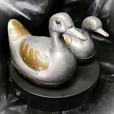 Vintage Pewter & Brass Duck Trinket Boxes — Mid-Century Hong Kong Collectible Pair