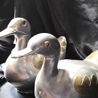 Vintage Pewter & Brass Duck Trinket Boxes — Mid-Century Hong Kong Collectible Pair