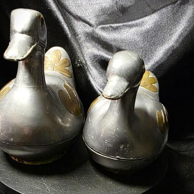 Vintage Pewter & Brass Duck Trinket Boxes — Mid-Century Hong Kong Collectible Pair