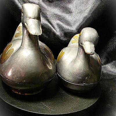 Vintage Pewter & Brass Duck Trinket Boxes — Mid-Century Hong Kong Collectible Pair