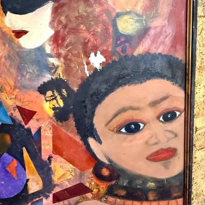 Sale Photo Thumbnail #575: Large size, approx. 46” x 36”. A few damaged spots, see photos. Water-based paint on masonite.