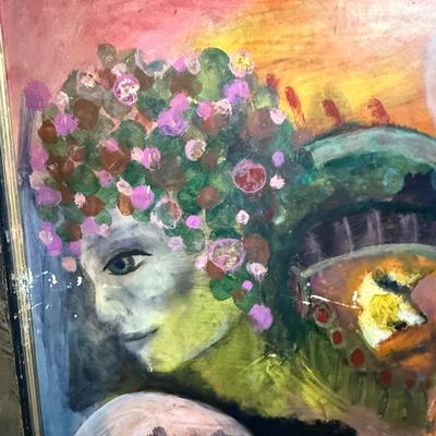 Sale Photo Thumbnail #576: Large size, approx. 46” x 36”. A few damaged spots, see photos. Water-based paint on masonite.