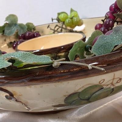 Vintage Pacific Rim Sonoma Hand-Painted Grape & Vine Ceramic Serving Bowl with Center Dip Insert