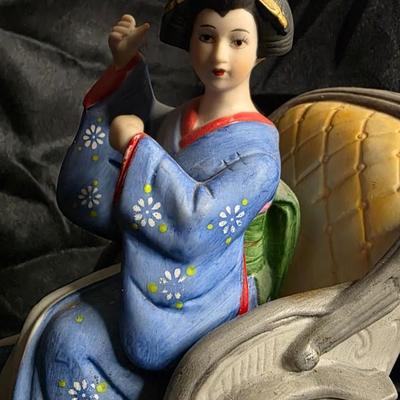 Vintage Porcelain Geisha in Rickshaw Figurine – Hand-Painted Traditional Kimono, Elegant Cultural Decor