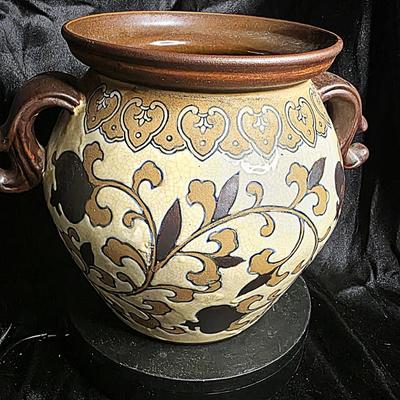 Handcrafted Vintage Ceramic Vessel with Ornate Scrollwork and Rustic Earthen Glaze
