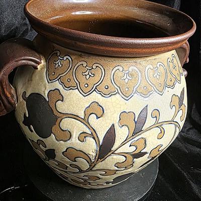 Handcrafted Vintage Ceramic Vessel with Ornate Scrollwork and Rustic Earthen Glaze