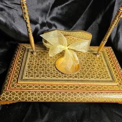 Vintage Persian Khatamkari Inlaid Wood Desk Set with Dual Pens