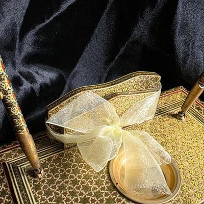 Vintage Persian Khatamkari Inlaid Wood Desk Set with Dual Pens