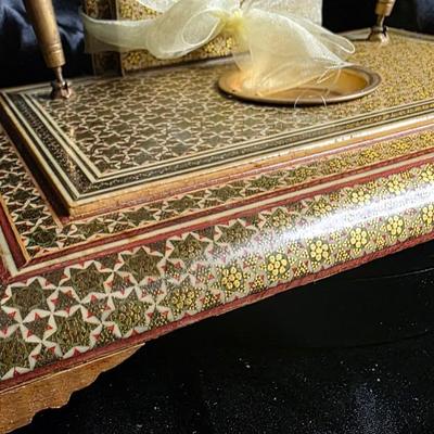 Vintage Persian Khatamkari Inlaid Wood Desk Set with Dual Pens