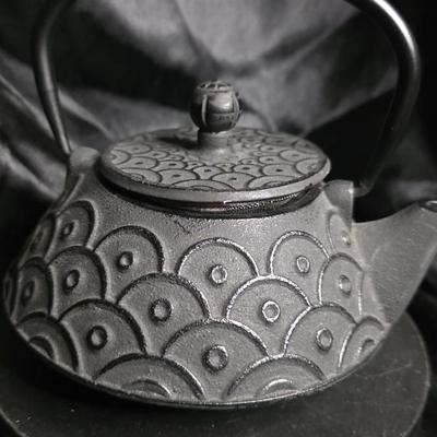 New Old Stock Cast Iron Tetsubin Teapot | Silver-Black Textured Floral Relief | Enamel Interior | Traditional Japanese Design | Pristine...
