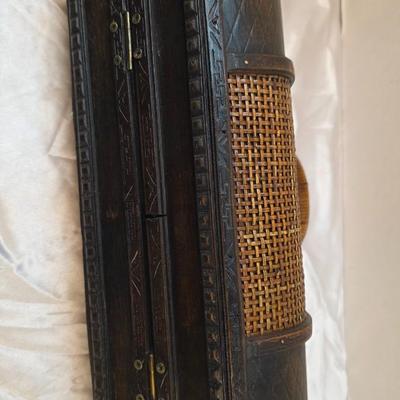 Vintage Woven Cane & Carved Wood Handled Storage Case Decorative Box