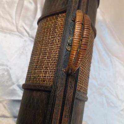 Vintage Woven Cane & Carved Wood Handled Storage Case Decorative Box
