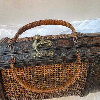 Vintage Woven Cane & Carved Wood Handled Storage Case Decorative Box