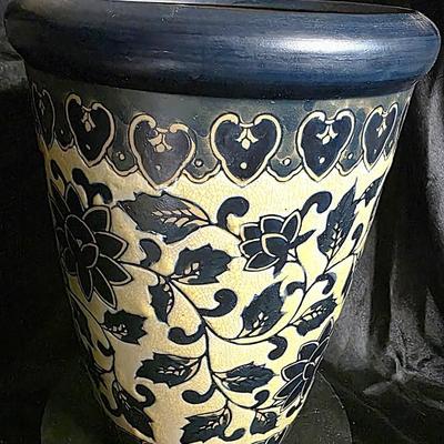 Vintage Hand-Painted Blue & Cream Art Pottery Planter with Floral Vine Motif