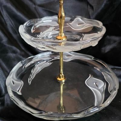 Vintage Two-Tier Glass Serving Stand with Ornate Gold Handle – Elegant Entertaining Display