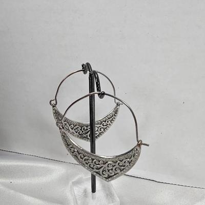 Vintage Filigree Crescent Hoop Earrings in Antiqued Silver Tone