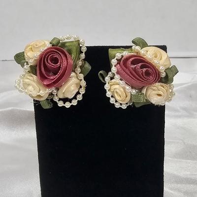 Vintage Handmade Ribbon Rose Earrings with Faux Pearl Accents | Floral Statement Jewelry
