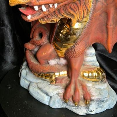 Vintage Red Dragon Resin Figurine with Gold Accents - Mythical Guardian on Rock Base