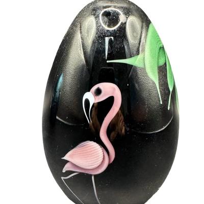 Sale Photo Thumbnail #3: Two pieces. One features a flamingo. The other is iridescent blue with white dogwood flowers. Measurement of largest: 4”H. Pre-auction estimate: $200-$400. [MA]