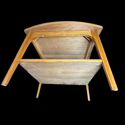 Sale Photo Thumbnail #11: These end tables are solidly constructed. The maker is unknown, but most likely Danish. There is age related wear, including some stains on the surface of each. They may have been refinished at some point. Measurement: 27.5”W x 26”L x 20”H (each). [