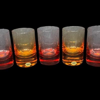 Sale Photo Thumbnail #21: Made in Czechoslovakia. Includes four amber and three rosaline colored glasses. Total of seven pieces. No obvious chips or cracks. Pre-auction estimate: $300-$600. [RE]