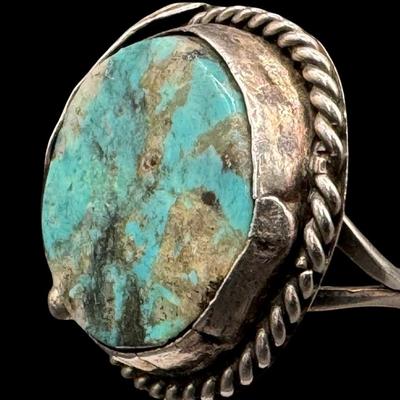 Sale Photo Thumbnail #41: [8.12g] This ring features a flat, round turquoise stone in a traditional Southwest setting. The ring size is 6.5. Silver content confirmed using Niton XRF precious metals analyzer. [GD]