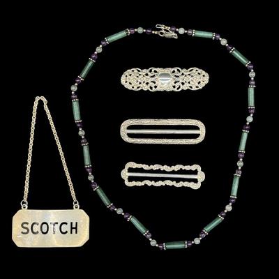 Sale Photo Thumbnail #43: [42.71g] Includes a whiskey tag, a nephrite and amethyst cabochon necklace, and three Victorian-Era ladies’ scarf/belt accessories. Total of five pieces. [VY]