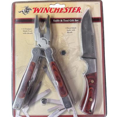 Sale Photo Thumbnail #70: This is unopened. The multi-tool has 15 features. The fixed blade knife measures 8” long. Both have sheaths. Pre-auction estimate: $40-$60. [KD]