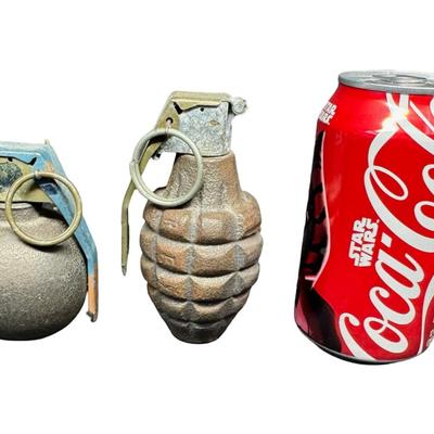Sale Photo Thumbnail #121: Includes two believed to be practice grenades. One is a U.S. M21, and the other is a U.S. M67 fragmentation grenade. Age related wear. [KD]