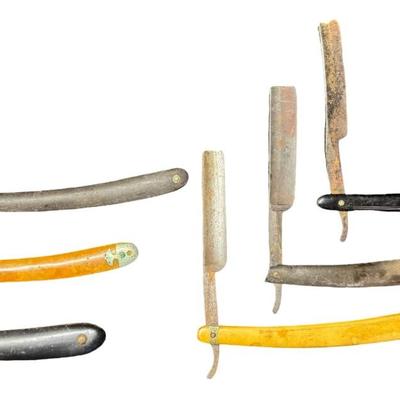 Sale Photo Thumbnail #171: Includes five straight razors, and nine safety razors. Makers include Gillette, and many others. Age related wear. [KD]