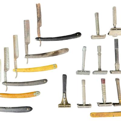 Sale Photo Thumbnail #167: Includes five straight razors, and nine safety razors. Makers include Gillette, and many others. Age related wear. [KD]