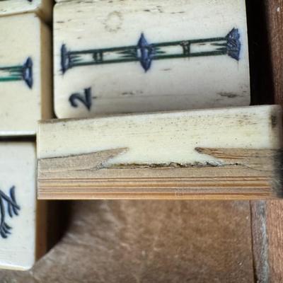 Sale Photo Thumbnail #198: Includes 144 ivory and bamboo tiles, counting tiles, and dice, in a five-drawer dovetailed wood box. Measurement: 9.5”L x 7”W x 7.5”H (box). Pre-auction estimate: $250-$350. **Winning bidder must present valid Florida ID at local auction pickup.** [