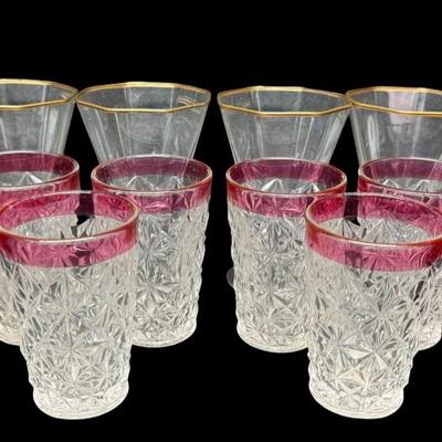 Sale Photo Thumbnail #204: Includes six Kings Crown cranberry flash tumblers, and six octagon cocktail glasses with gold rims. Total of 12 pieces. Measurement of largest: 4.5”H. [MA]
