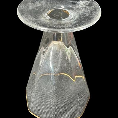 Sale Photo Thumbnail #209: Includes six Kings Crown cranberry flash tumblers, and six octagon cocktail glasses with gold rims. Total of 12 pieces. Measurement of largest: 4.5”H. [MA]