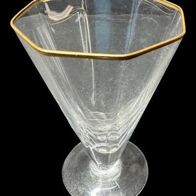 Sale Photo Thumbnail #208: Includes six Kings Crown cranberry flash tumblers, and six octagon cocktail glasses with gold rims. Total of 12 pieces. Measurement of largest: 4.5”H. [MA]