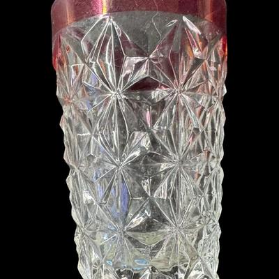 Sale Photo Thumbnail #206: Includes six Kings Crown cranberry flash tumblers, and six octagon cocktail glasses with gold rims. Total of 12 pieces. Measurement of largest: 4.5”H. [MA]