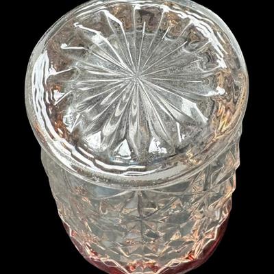 Sale Photo Thumbnail #207: Includes six Kings Crown cranberry flash tumblers, and six octagon cocktail glasses with gold rims. Total of 12 pieces. Measurement of largest: 4.5”H. [MA]