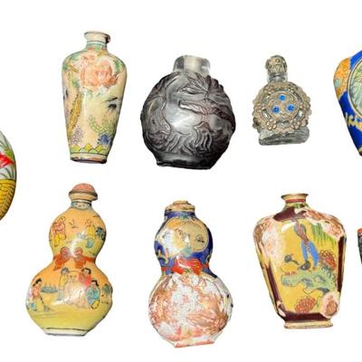 Sale Photo Thumbnail #210: Total of nine pieces. Porcelain, glass, and more. One has silver accents. Most have age related wear, including chips and paint loss. Pre-auction estimate: $100-$200. [MA]