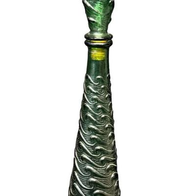 Sale Photo Thumbnail #216: This piece has a wave or swirl pattern. It is made in Empoli, Italy, circa 1960s. The stopper is intact, and not broken. The bottle itself has no obvious chips or cracks. Measurement: 21.5”H. [RS]