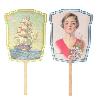 Sale Photo Thumbnail #228: Two fans. One fan is signed by notable illustrator William Haskell Coffin, and the other has a nautical scene. Each is intact, with minimal age related wear. Measurement: 14”L (approximate). [LD]