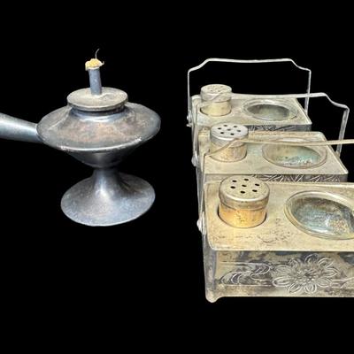 Sale Photo Thumbnail #240: Includes three salt and pepper service pieces, and a small oil lamp. The salt and pepper pieces are chased with an Asian motif. Total of four pieces. [KD]