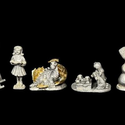 Sale Photo Thumbnail #273: NOS. Includes Danny, Dinah, Ray, Kathy, Sandy, and more. Total of seven pieces. The little girl with a book has a cracked leg. There is storage related wear with some patina. Measurement of tallest: 4.25”H. [SR]