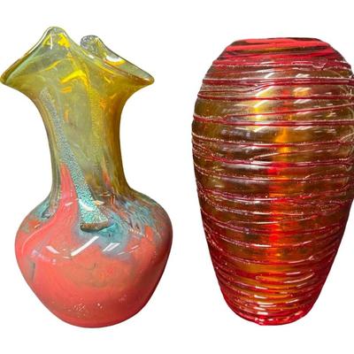 Sale Photo Thumbnail #290: Includes an Eastern vase with raised design, and a Blenko style amberina art glass vase. Total of two pieces. No obvious chips or cracks. Measurement of tallest: 11”H. [SR]